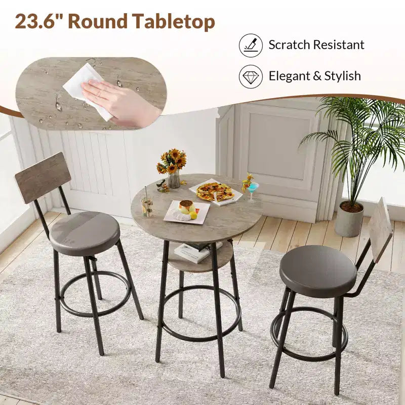 Zevemomo 3 Pieces Round Bar Table Set,Small Dining Table for 2, with Storage,Upholstered Stools with Backrest for Kitchen,Dining Room & Bistro-Grey