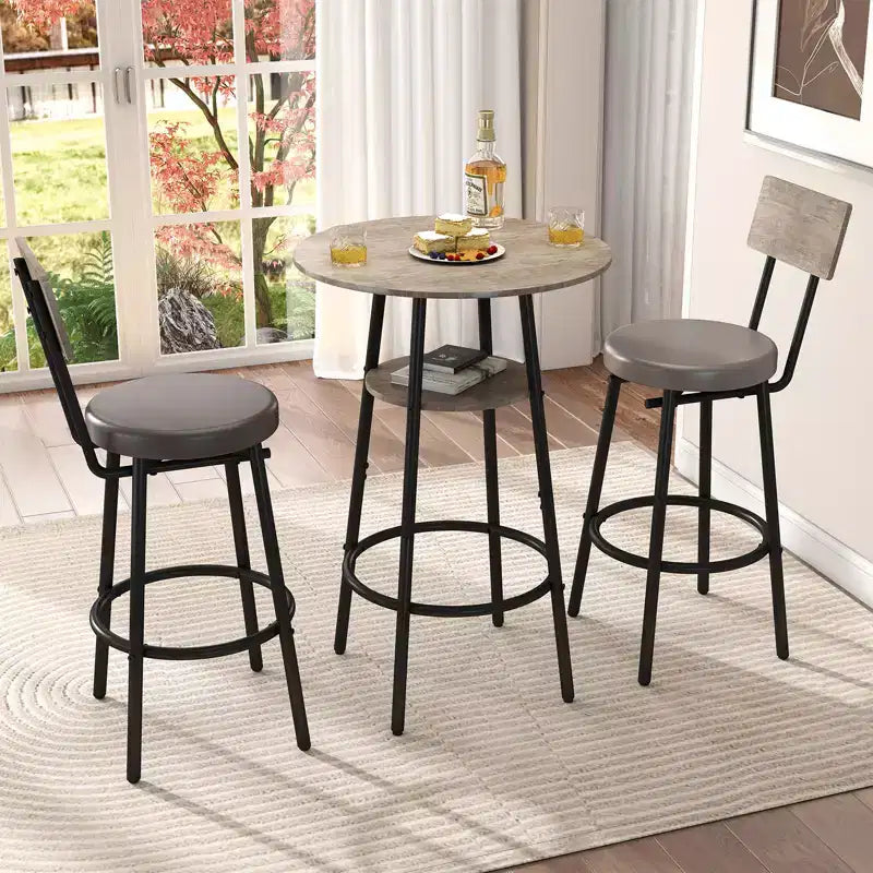 Zevemomo 3 Pieces Round Bar Table Set,Small Dining Table for 2, with Storage,Upholstered Stools with Backrest for Kitchen,Dining Room & Bistro-Grey
