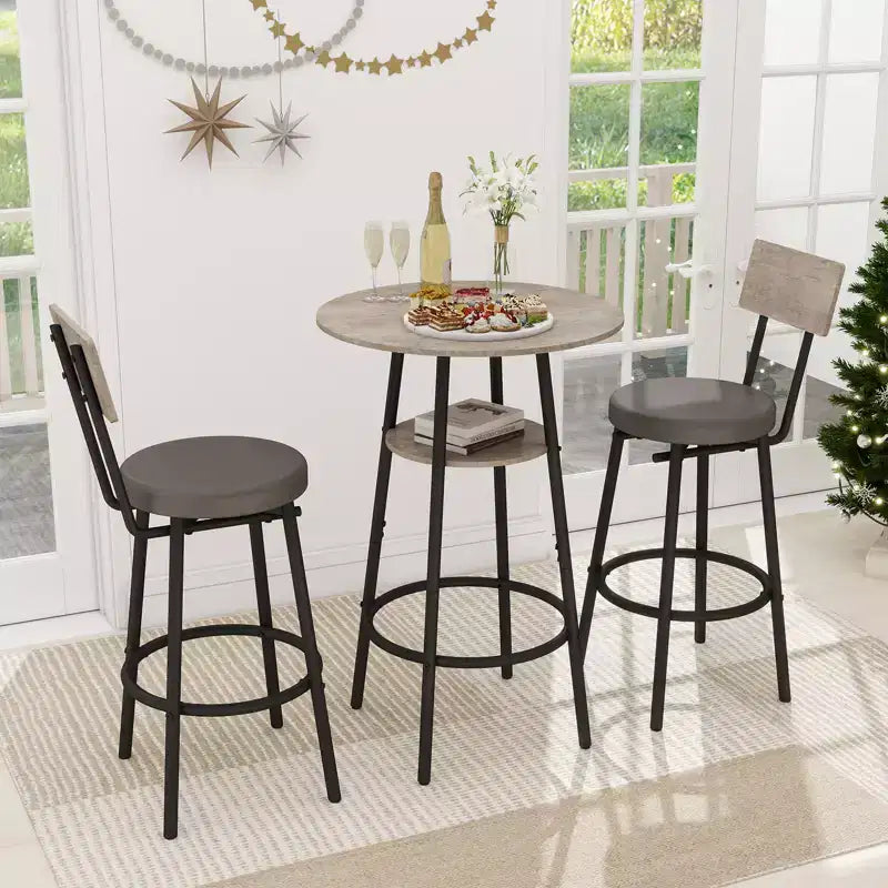 Zevemomo 3 Pieces Round Bar Table Set,Small Dining Table for 2, with Storage,Upholstered Stools with Backrest for Kitchen,Dining Room & Bistro-Grey