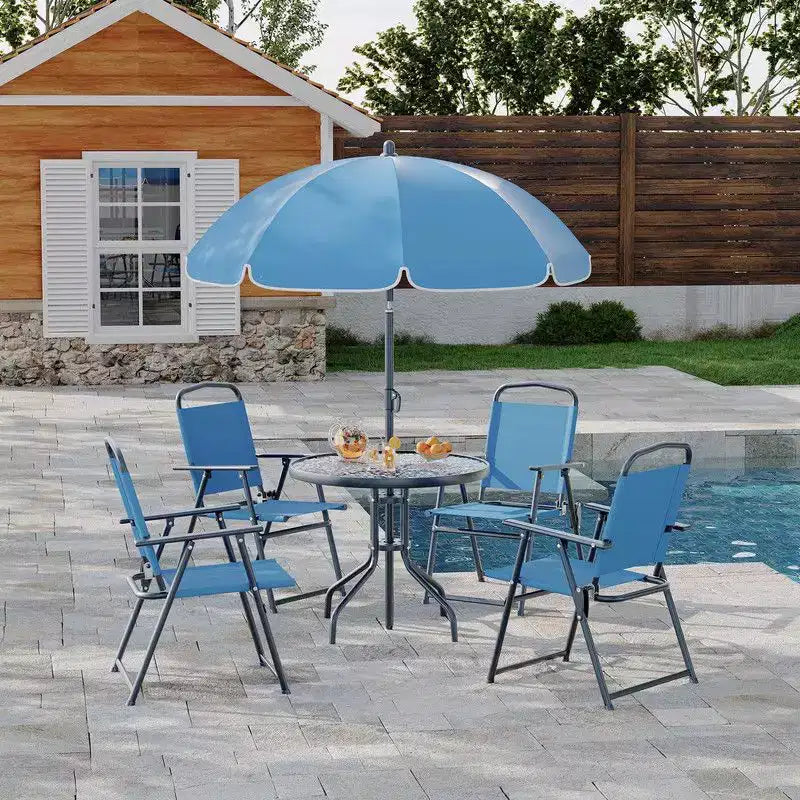 Coolmee 6-delige eetset voor buiten met parasol, terrastafel en 4 inklapbare stoelen met parasol, eettafel met blad van gehard glas