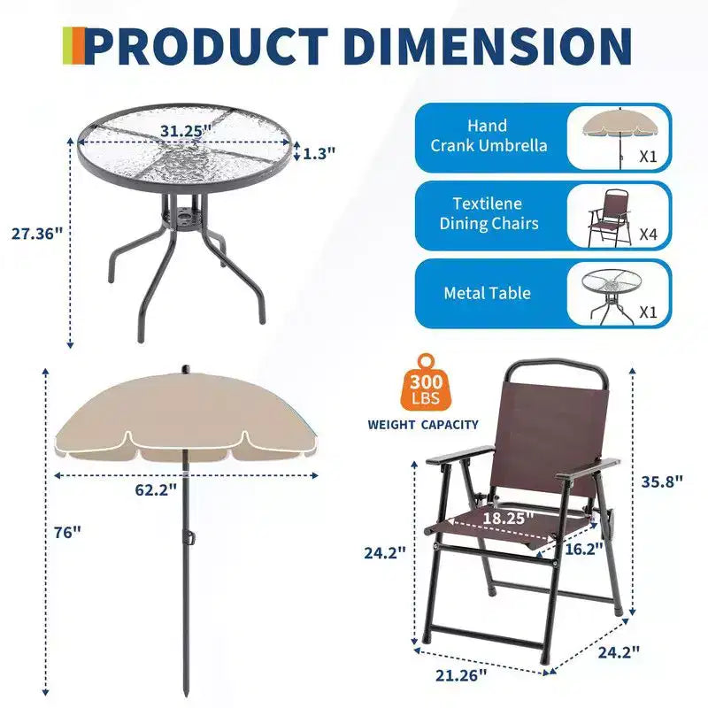 Coolmee 6-delige eetset voor buiten met parasol, terrastafel en 4 inklapbare stoelen met parasol, eettafel met blad van gehard glas