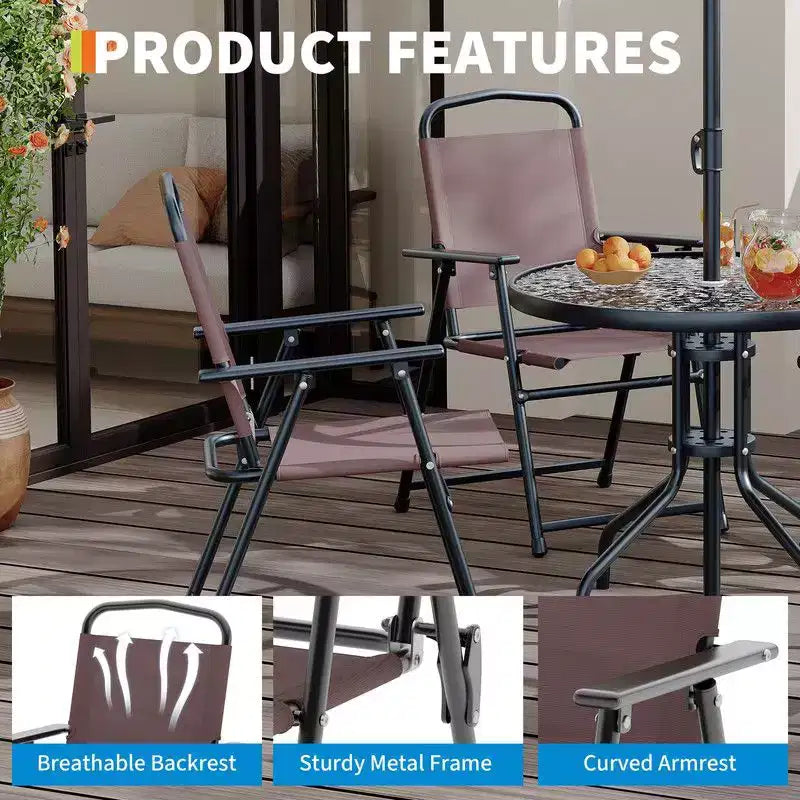 Coolmee 6-delige eetset voor buiten met parasol, terrastafel en 4 inklapbare stoelen met parasol, eettafel met blad van gehard glas