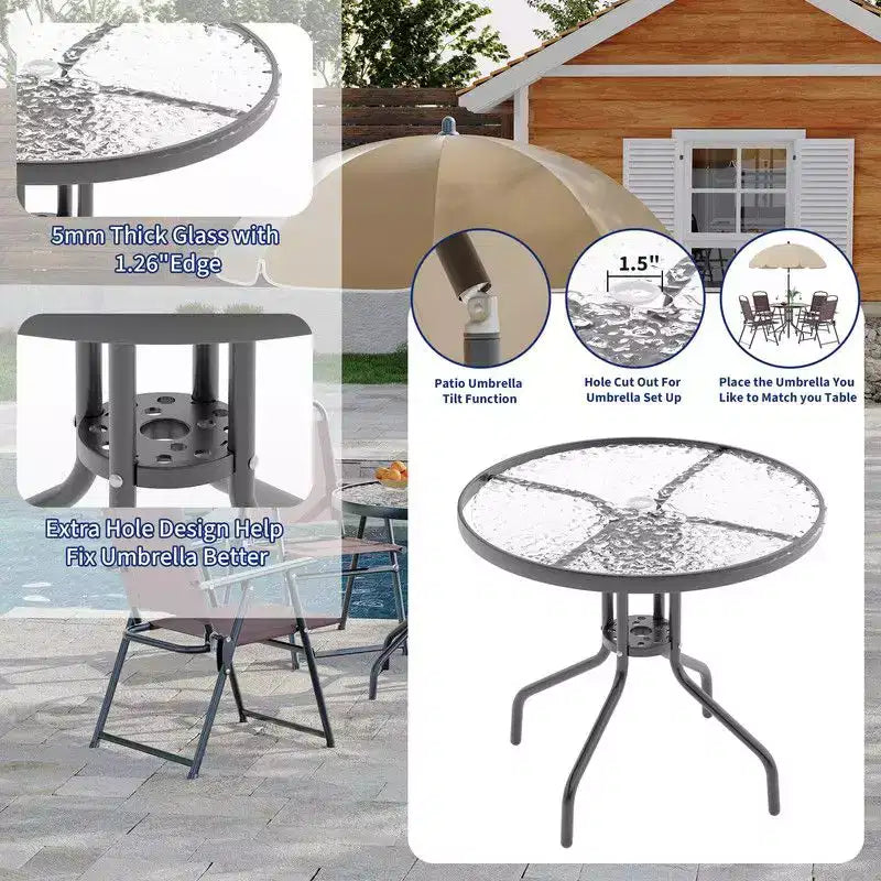 Coolmee 6-delige eetset voor buiten met parasol, terrastafel en 4 inklapbare stoelen met parasol, eettafel met blad van gehard glas