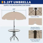 Coolmee 6-delige eetset voor buiten met parasol, terrastafel en 4 inklapbare stoelen met parasol, eettafel met blad van gehard glas