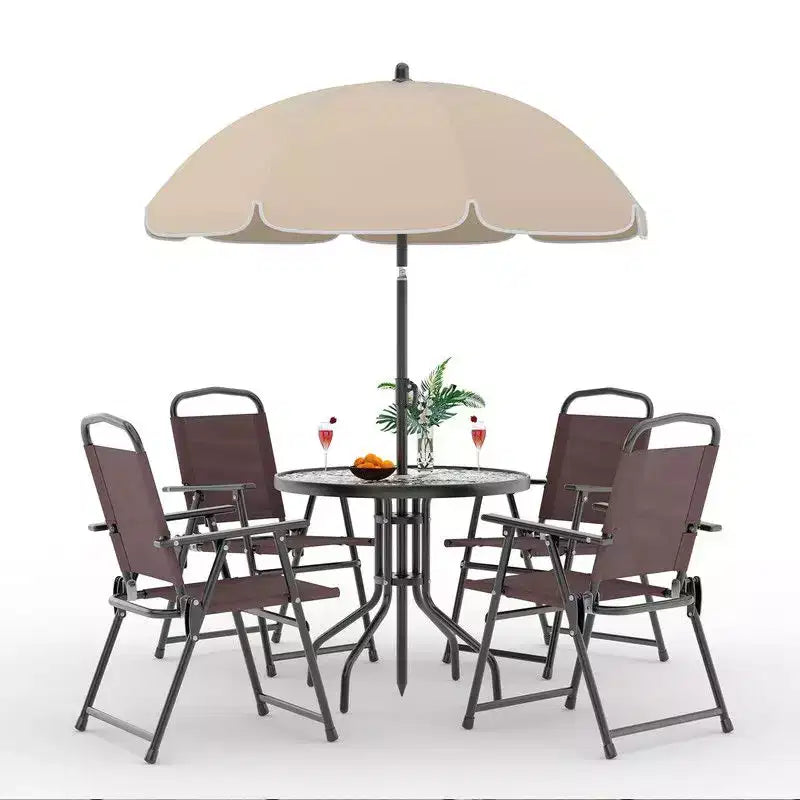 Coolmee 6-delige eetset voor buiten met parasol, terrastafel en 4 inklapbare stoelen met parasol, eettafel met blad van gehard glas