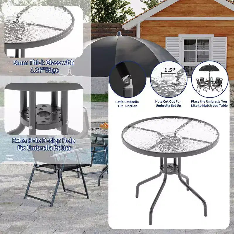 Coolmee 6-delige eetset voor buiten met parasol, terrastafel en 4 inklapbare stoelen met parasol, eettafel met blad van gehard glas