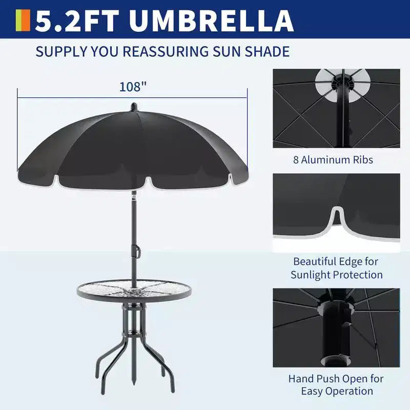 Coolmee 6-delige eetset voor buiten met parasol, terrastafel en 4 inklapbare stoelen met parasol, eettafel met blad van gehard glas