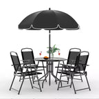 Coolmee 6-delige eetset voor buiten met parasol, terrastafel en 4 inklapbare stoelen met parasol, eettafel met blad van gehard glas