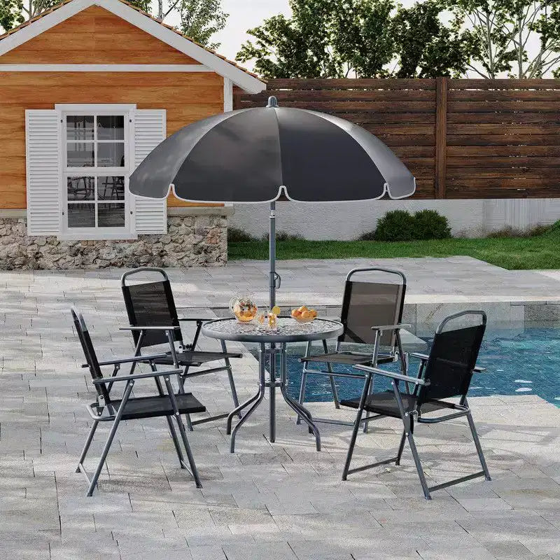 Coolmee 6-delige eetset voor buiten met parasol, terrastafel en 4 inklapbare stoelen met parasol, eettafel met blad van gehard glas