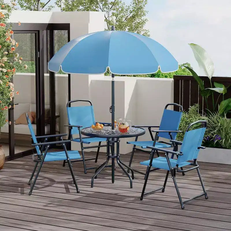 Coolmee 6-delige eetset voor buiten met parasol, terrastafel en 4 inklapbare stoelen met parasol, eettafel met blad van gehard glas
