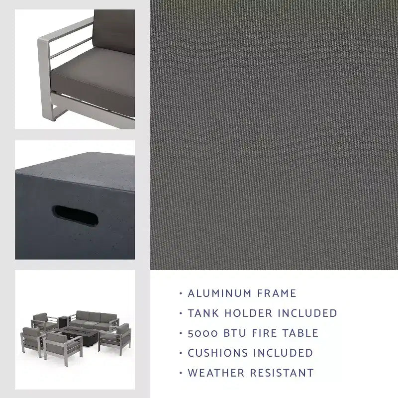 Christopher Knight Home Cape Coral Outdoor Aluminum 7 Seater Chat Set with Fire Pit