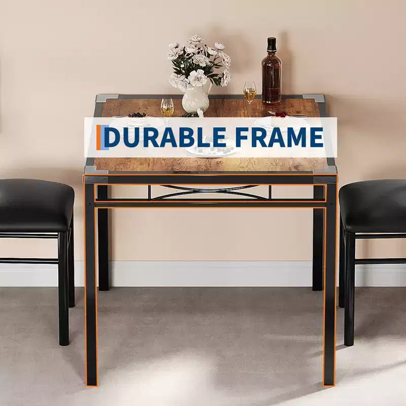 Dining Table Set for 2, Wood Kitchen Table with Upholstered Chairs, Sturdy Metal Legs, Thickened Steel Frames, w/Collision Angle
