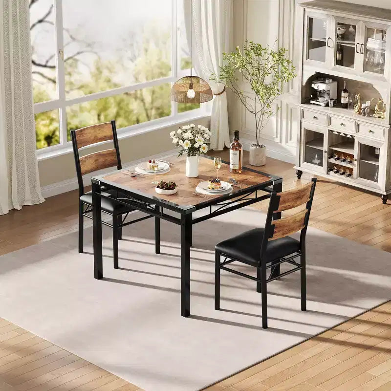 Dining Table Set for 2, Wood Kitchen Table with Upholstered Chairs, Sturdy Metal Legs, Thickened Steel Frames, w/Collision Angle