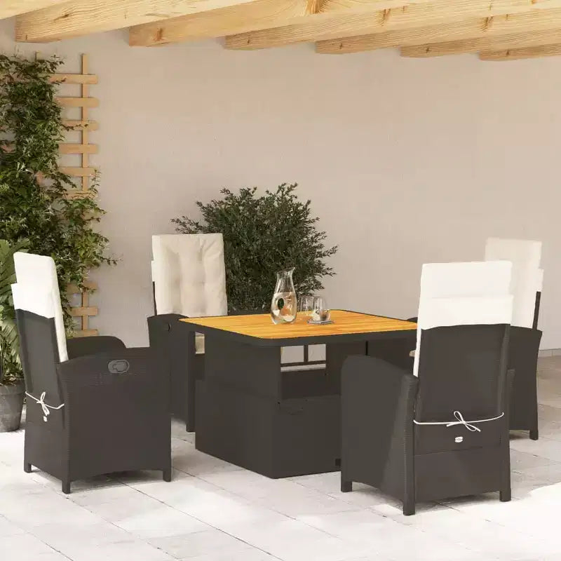 vidaXL 5-delige eethoek voor het terras - poly-rattan, verstelbare relaxstoelen met kussens en tafel met opklapbaar blad voor tuin, achtertuin en terras - zwart/bruin