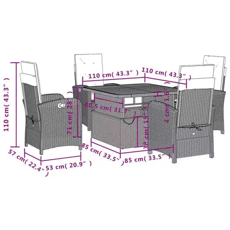 vidaXL 5-delige eethoek voor het terras - poly-rattan, verstelbare relaxstoelen met kussens en tafel met opklapbaar blad voor tuin, achtertuin en terras - zwart/bruin