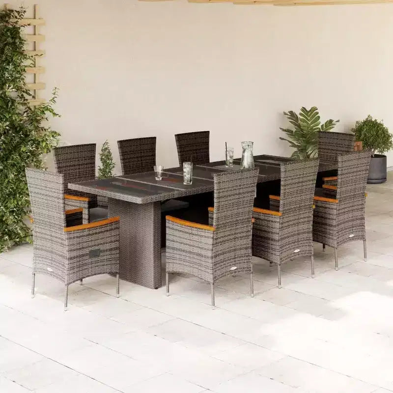 vidaXL - 9-delige terraseetset - grijs polyrotan met glazen tafel en kussens - tuinmeubelen voor buiten voor de tuin, achtertuin en het terras