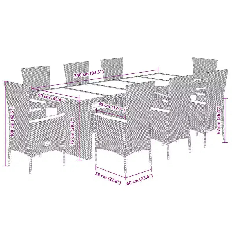 vidaXL - 9-delige terraseetset - grijs polyrotan met glazen tafel en kussens - tuinmeubelen voor buiten voor de tuin, achtertuin en het terras