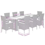 vidaXL - 9-delige terraseetset - grijs polyrotan met glazen tafel en kussens - tuinmeubelen voor buiten voor de tuin, achtertuin en het terras