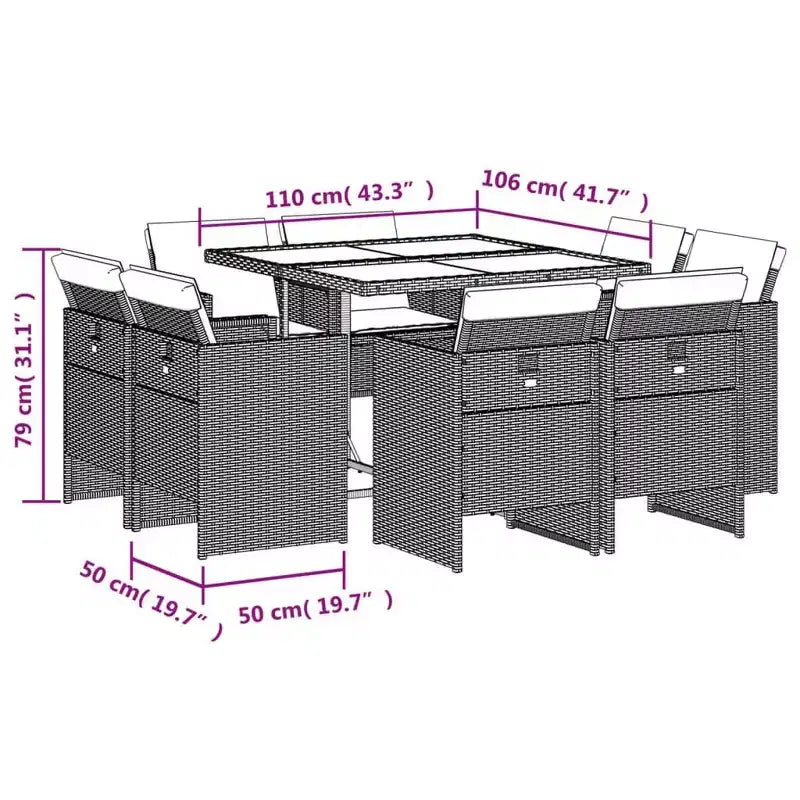 vidaXL terrastafelset, 8-delige grijze rotan eettafel voor buiten met marineblauwe stoelen met kussens