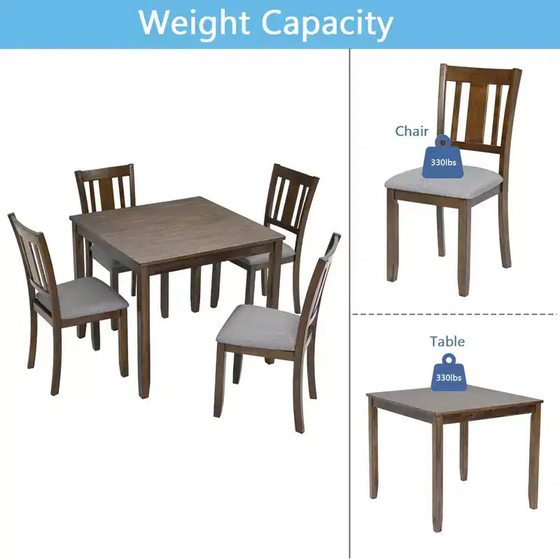 GDFStudio Kimura Rustic 5 Piece Acacia Wood Upholstered Dining Chairs with Square Dining Table