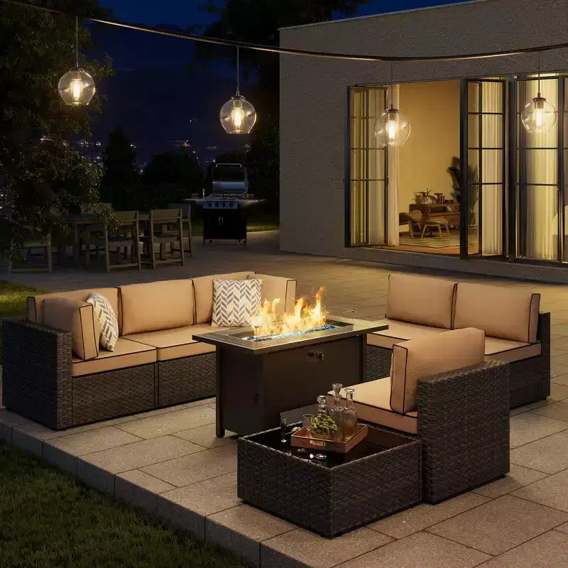 Celebalcony 8-delige tuinmeubelset met vuurtafel van 45, modulaire loungeset voor buiten van riet en rotan, met salontafel