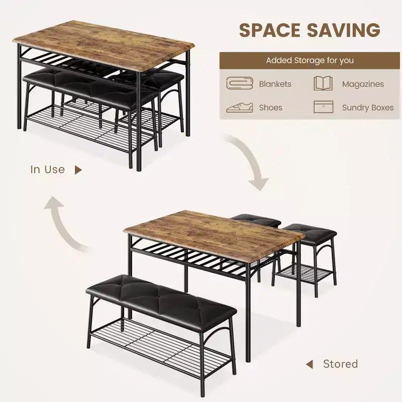 Modern Dining Set for 4, Wood Tabletop, 2 Padded Chairs, 1 Bench, Metel Frame, for Small Spaces, Apartments, Restaurants
