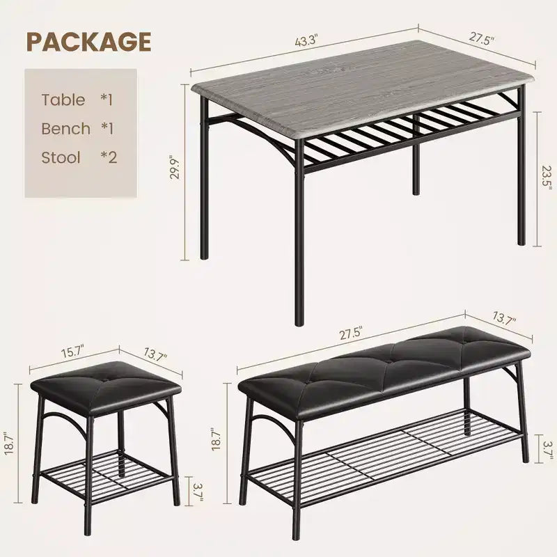 Modern Dining Set for 4, Wood Tabletop, 2 Padded Chairs, 1 Bench, Metel Frame, for Small Spaces, Apartments, Restaurants