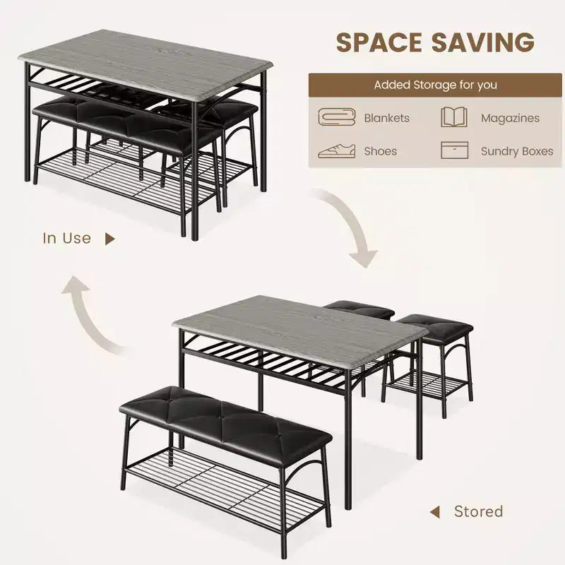 Modern Dining Set for 4, Wood Tabletop, 2 Padded Chairs, 1 Bench, Metel Frame, for Small Spaces, Apartments, Restaurants