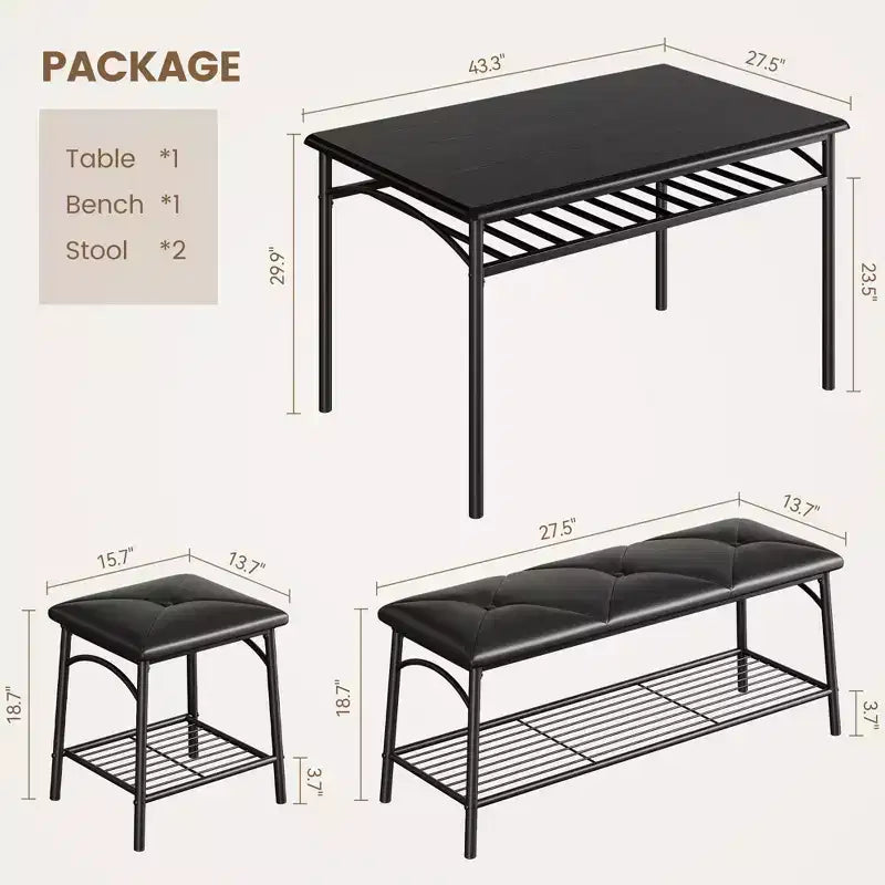 Modern Dining Set for 4, Wood Tabletop, 2 Padded Chairs, 1 Bench, Metel Frame, for Small Spaces, Apartments, Restaurants