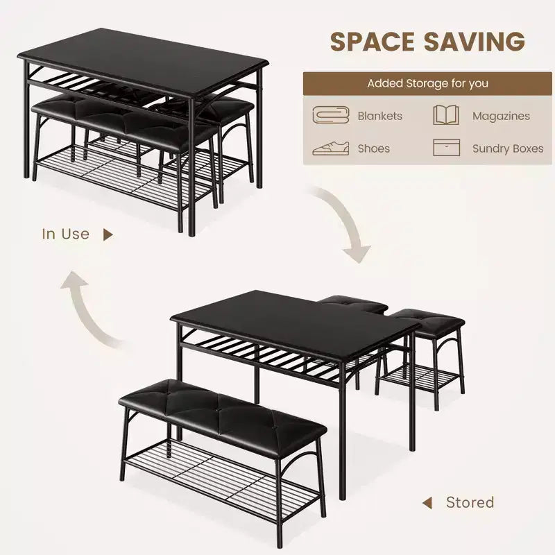 Modern Dining Set for 4, Wood Tabletop, 2 Padded Chairs, 1 Bench, Metel Frame, for Small Spaces, Apartments, Restaurants