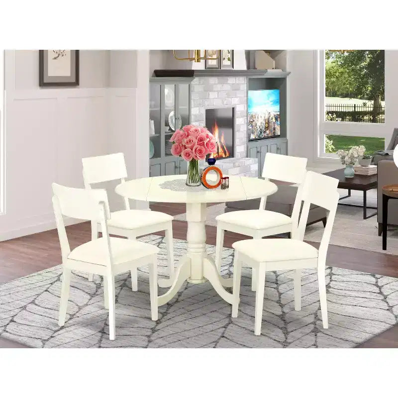 Middeleeuwse eetset – ronde tafel en stoelen, 5-delig – linnenwit – moderne keukentafelset