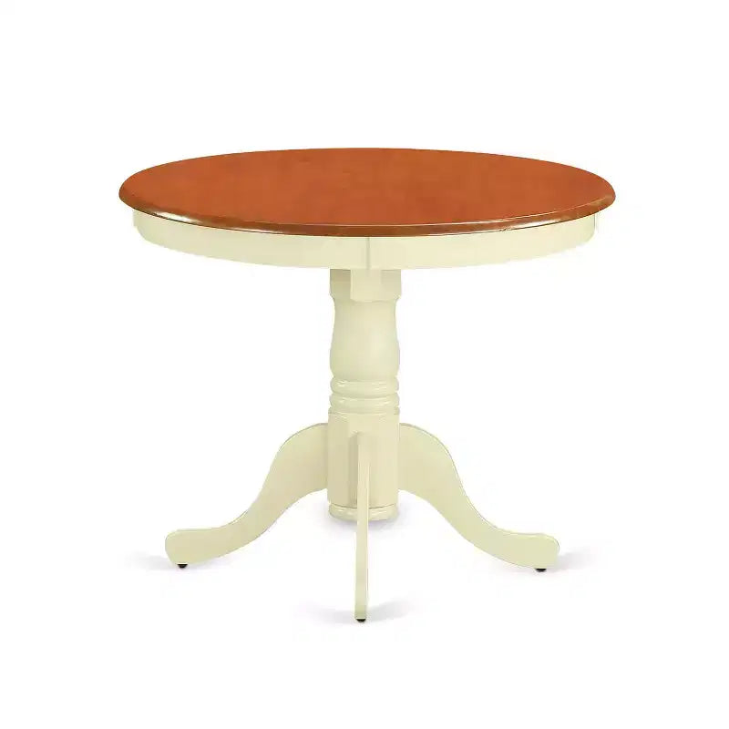 5-delige ronde eettafelset in buttermilk- en kersenafwerking, met massief houten tafelblad en 4 stoelen