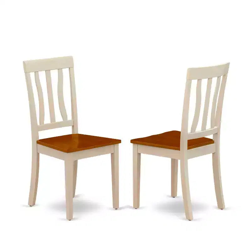 5-delige ronde eettafelset in buttermilk- en kersenafwerking, met massief houten tafelblad en 4 stoelen