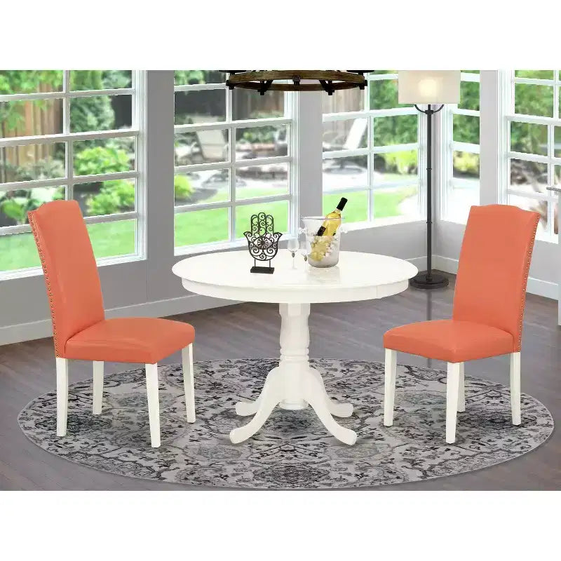 Eetkamerset met roze flamingo-tafel van 42 inch, met 2 Parsons-stoelen, linnenwitte poten en kunstleer