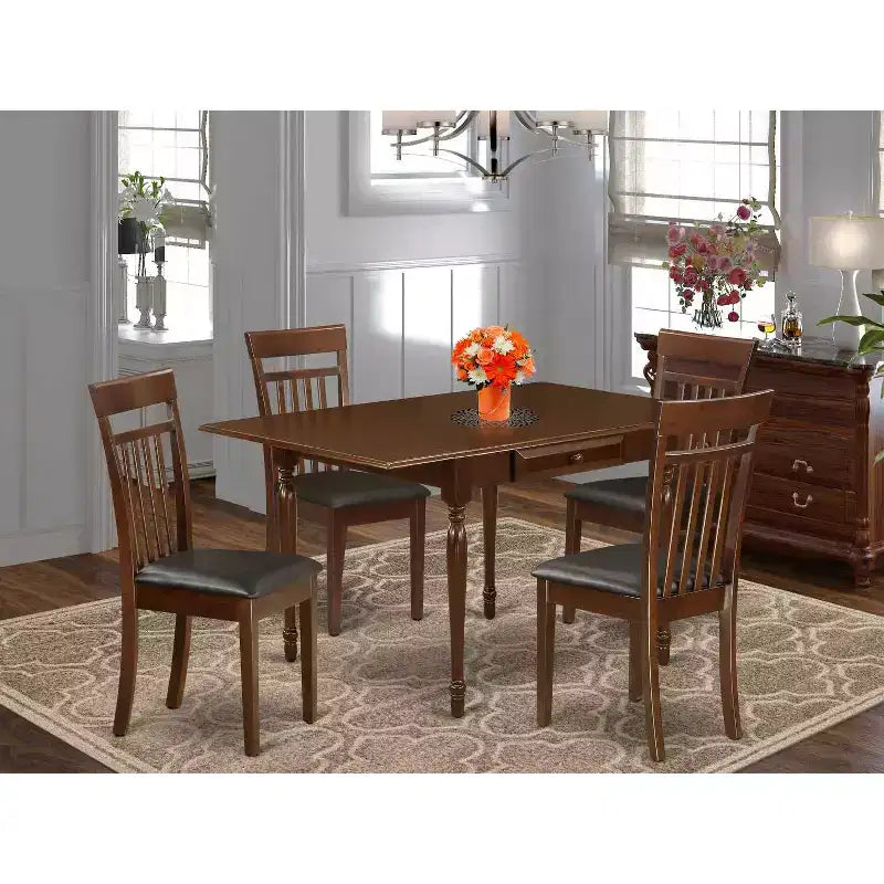 HomeStock 5-Pc Mahogany Finish Solid Wood Top - Rectangular Dining Room Set with Dropleaf - Seats 4