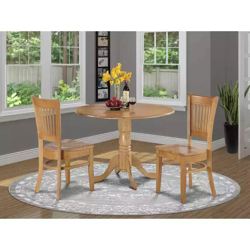 HomeStock 3-delige ronde eethoek met massief houten tafelblad in natuurlijke eikenkleur en 2 stoelen