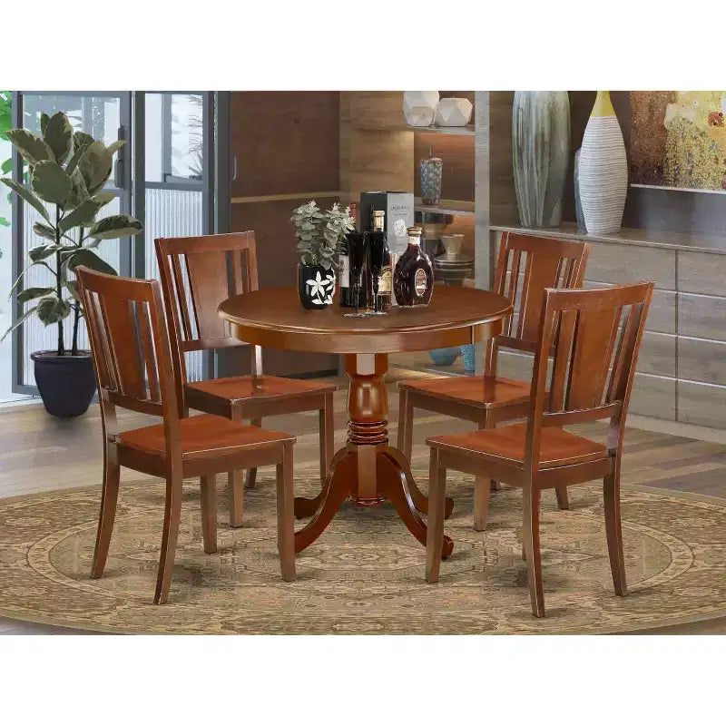 5-delige Eetkamerset - Ronde Tafel van 36 en 4 Houten Stoelen - Eclectische Stijl
