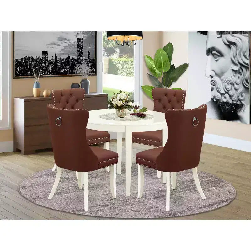 5-delige eetkamerset met linnenwitte massiefhouten ronde tafel en gestoffeerde stoelen - (plaats voor 4)