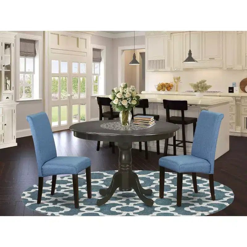 Small Round Dining Table Set - 3 Piece Round Table with Parsons Chairs - Glam Gothic Style