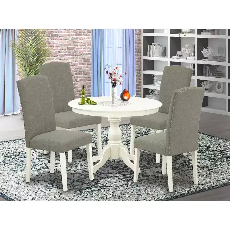 Eetkamerset met 5 delen, linnenwitte afwerking, tafelblad van massief hout en 4 stoelen