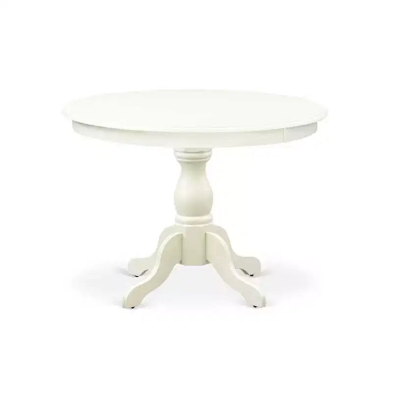 Eetkamerset met 5 delen, linnenwitte afwerking, tafelblad van massief hout en 4 stoelen