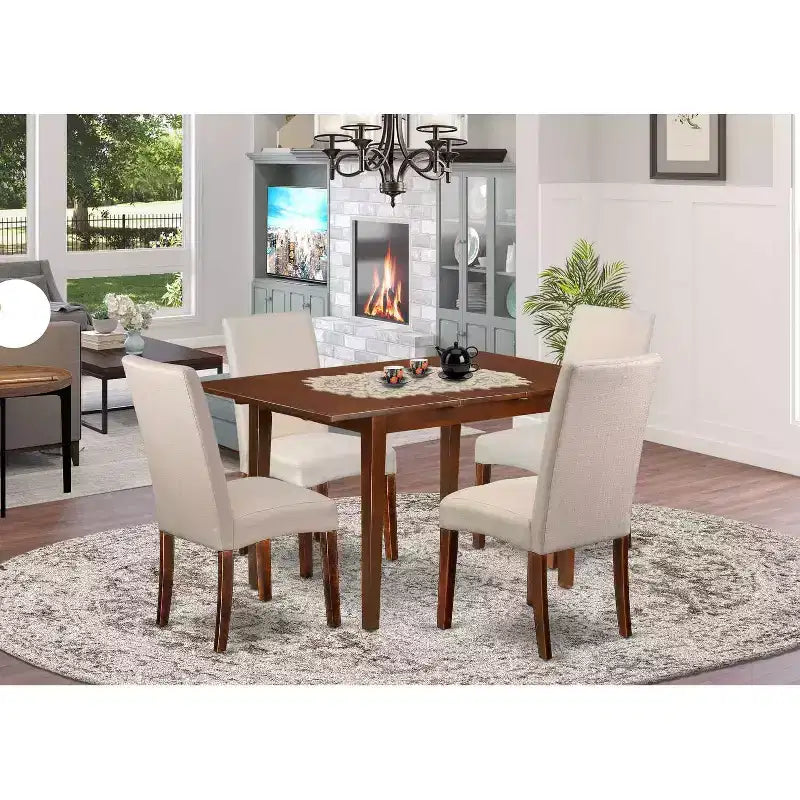 Rechthoekige keukentafelset, 5-delig - tafel van 48/60 met vlinderblad en 4 stoelen - linnenstof, crème