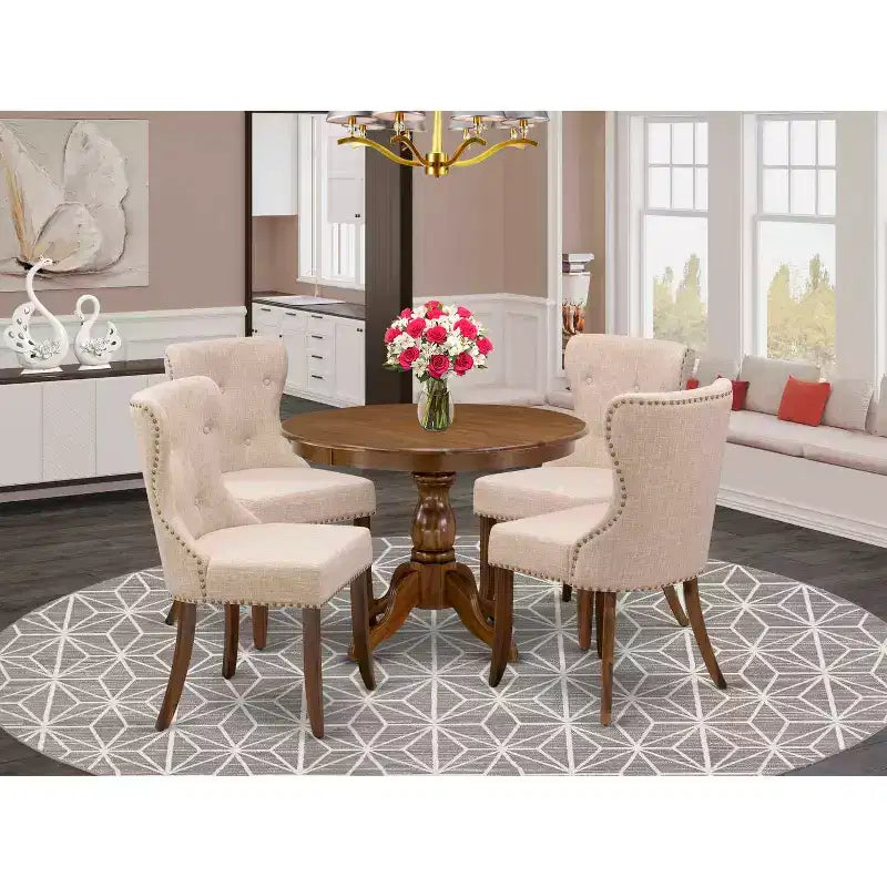 HomeStock 5-Piece Antique Walnut Finish Solid Wood Top Dining table with 4 Chairs
