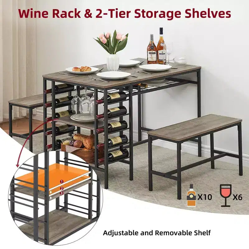 4-Person Dining Table Set with 2 Benches - 3-Piece Kitchen Table with Built-in Wine Rack & Storage for Small Spaces Apartment