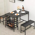 4-Person Dining Table Set with 2 Benches - 3-Piece Kitchen Table with Built-in Wine Rack & Storage for Small Spaces Apartment