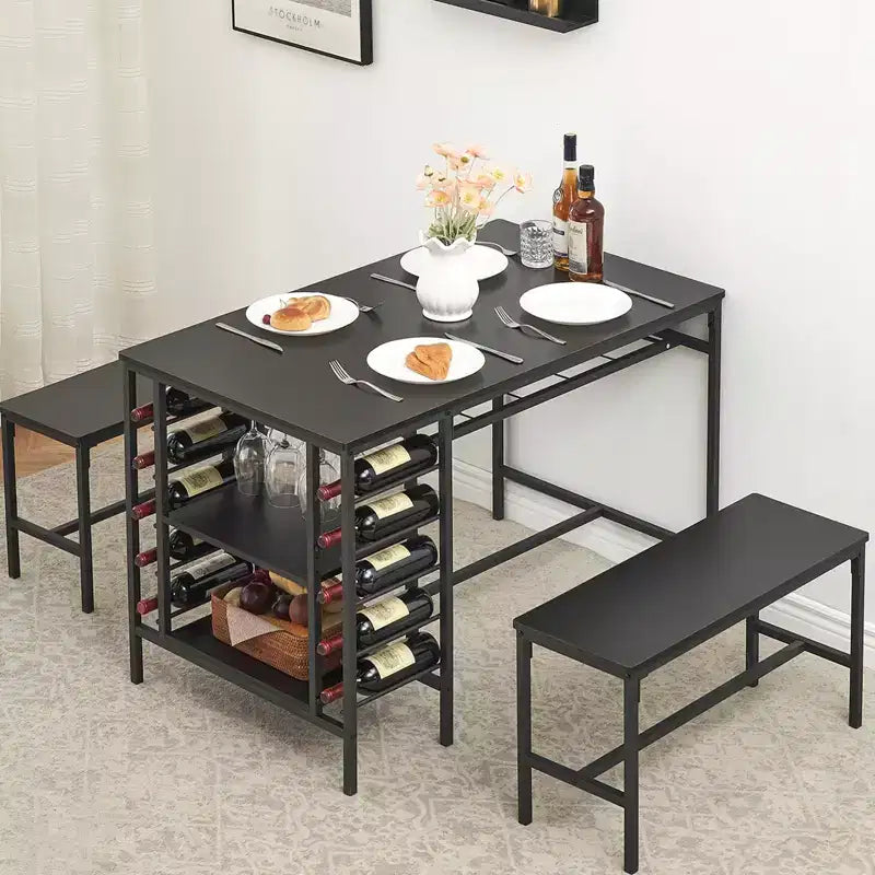 4-Person Dining Table Set with 2 Benches - 3-Piece Kitchen Table with Built-in Wine Rack & Storage for Small Spaces Apartment