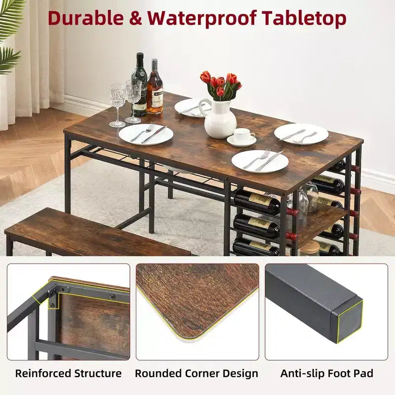 4-Person Dining Table Set with 2 Benches - 3-Piece Kitchen Table with Built-in Wine Rack & Storage for Small Spaces Apartment
