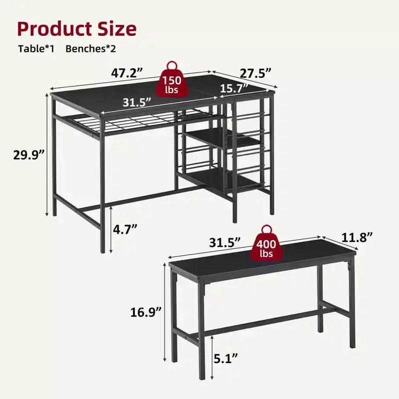 4-Person Dining Table Set with 2 Benches - 3-Piece Kitchen Table with Built-in Wine Rack & Storage for Small Spaces Apartment
