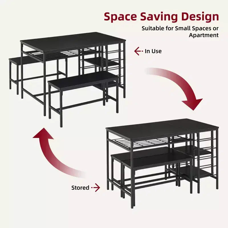 4-Person Dining Table Set with 2 Benches - 3-Piece Kitchen Table with Built-in Wine Rack & Storage for Small Spaces Apartment
