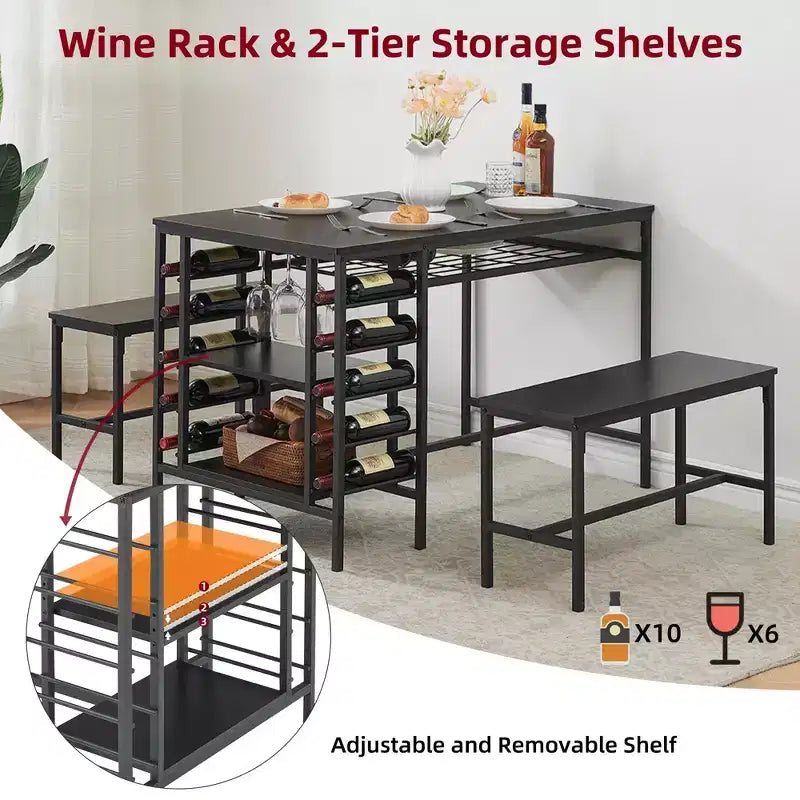 4-Person Dining Table Set with 2 Benches - 3-Piece Kitchen Table with Built-in Wine Rack & Storage for Small Spaces Apartment